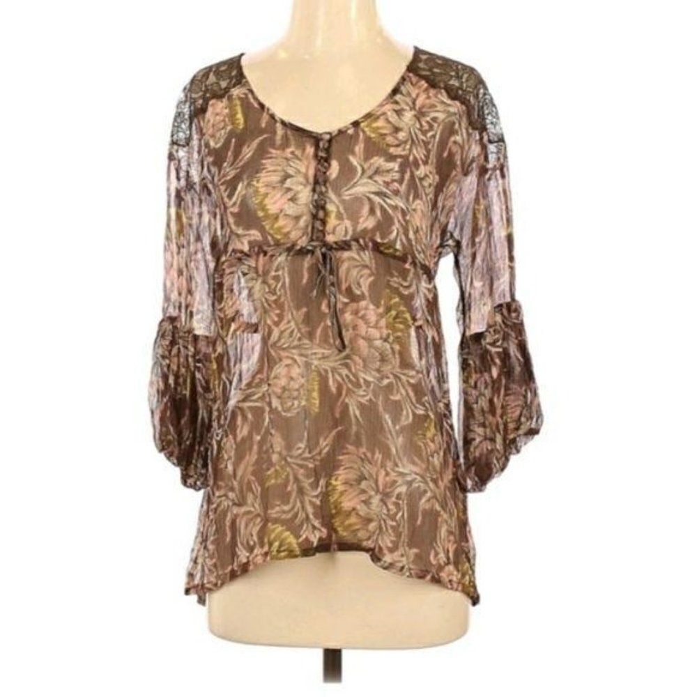 BCBGMaxAzria Top Sheer‎ Silk Botanical Peasant Balloon Sleeve Brown Pink Sz S